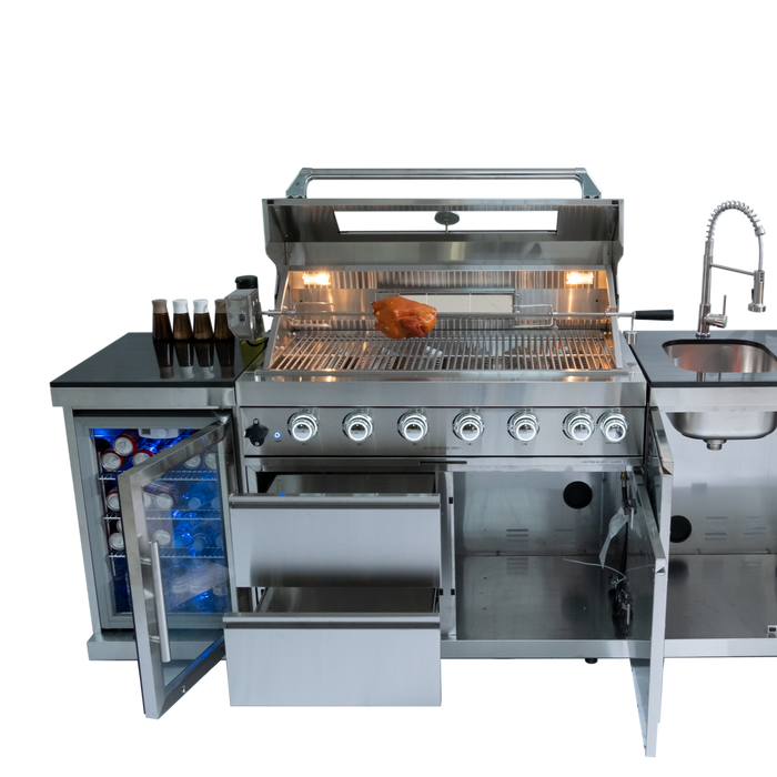 82" 6-Burner 85,000 BTU Stainless Outdoor Kitchen Island Grill with Wine Cooler, Granite Countertops & Storage Cabinets