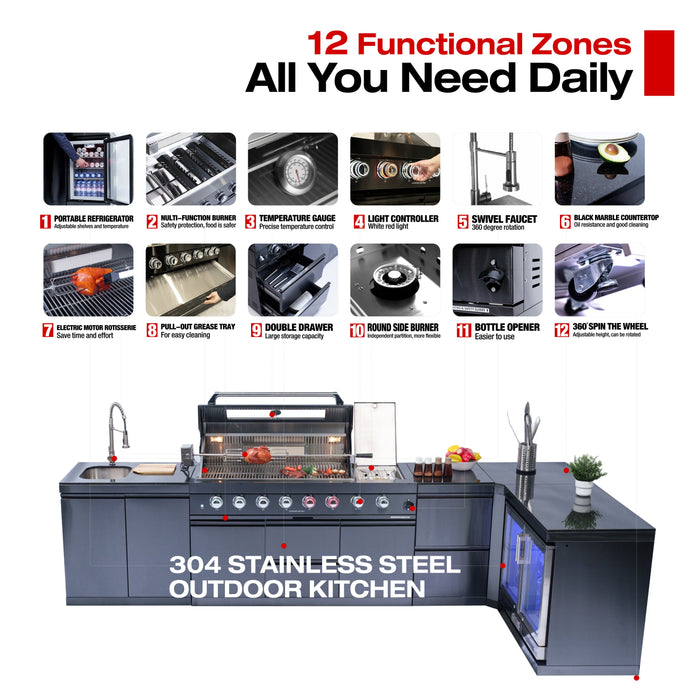 153+44" 6-Burner 96000 BTU Black Outdoor Kitchen  Island Grill with Wine Cooler & Drawers