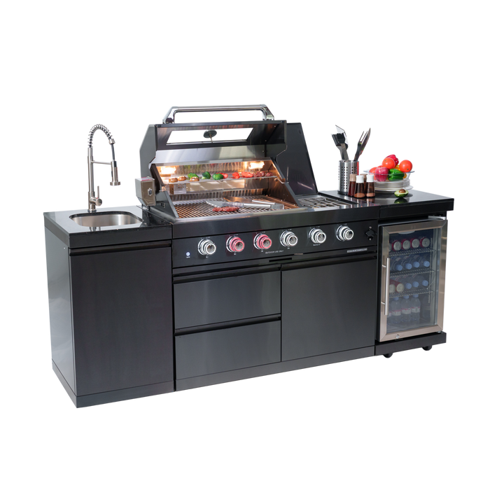 NG 85" 4-Burner 72,000 BTU Black Outdoor Kitchen Island Grill + Refrigerator + Sink