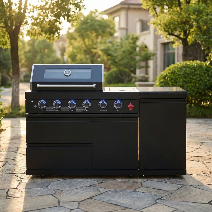 65" 4-Burner 72,000 BTU Black Outdoor Kitchen Island Grill +Side Burner + Marble Countertops