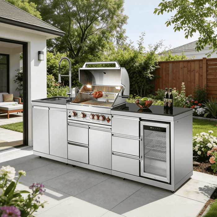 102.4", 4-Burner, 59,500 BTU Silver Outdoor Kitchen Island Grill  with Sink & Refrigerator