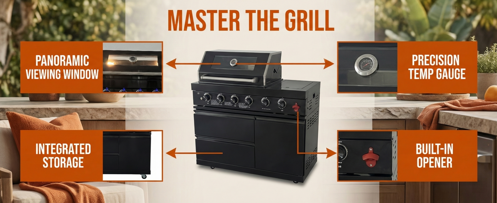 46" Black 4-Burner Outdoor Kitchen Islands Grill Side Burner