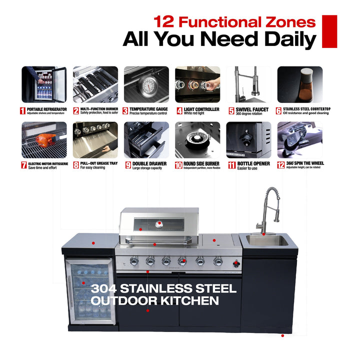 Stainless 85" 4-Burner 72000 BTU Black Outdoor Kitchen Island Grill +  Refrigerator + Rotisserie