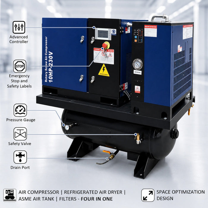 34CFM 10HP Rotary Screw Air Compressor with Air Dryer & ASME Tank | 125 PSI 230V 3-Phase