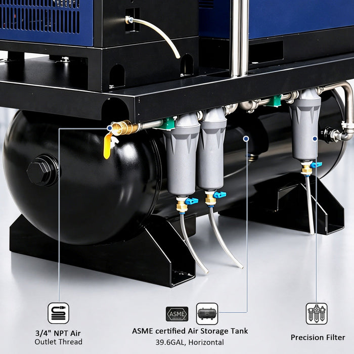 34CFM 10HP Rotary Screw Air Compressor with Air Dryer & ASME Tank | 125 PSI 230V 3-Phase