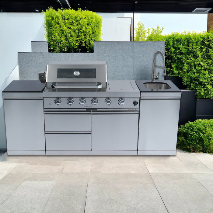 NG 85" 4-Burner 72,000 BTU Silver Outdoor Kitchen Island Grill + Side B & Storage Cabinets & Sink