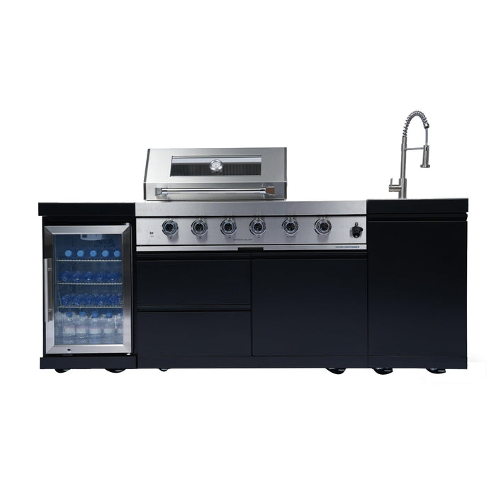 Stainless 85" 4-Burner 72000 BTU Black Outdoor Kitchen Island Grill +  Refrigerator + Rotisserie