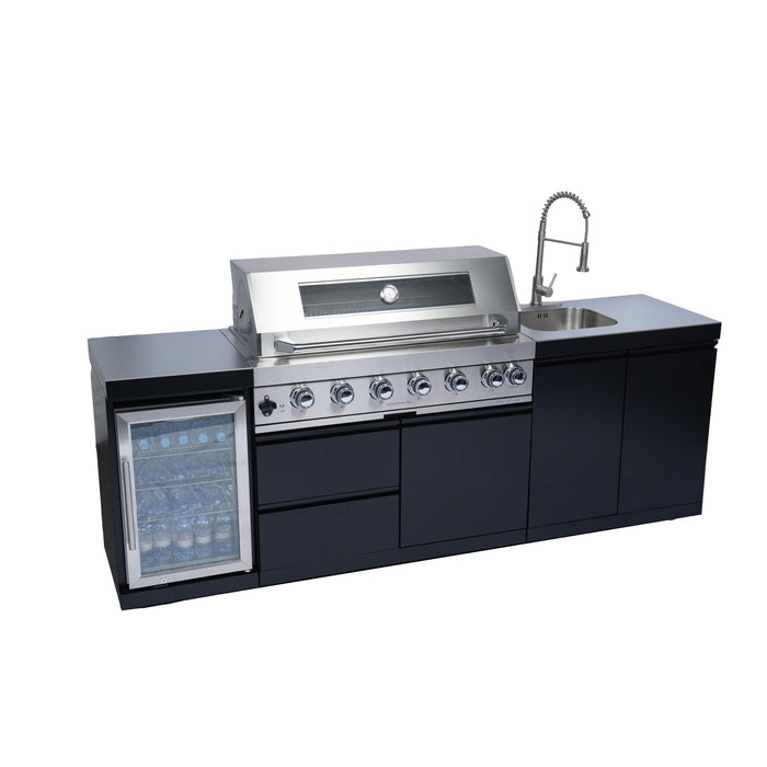 Stainless 96" 6-Burner 85000 BTU Black Outdoor Kitchen Island Grill + Refrigerator + Sink + Rotisserie