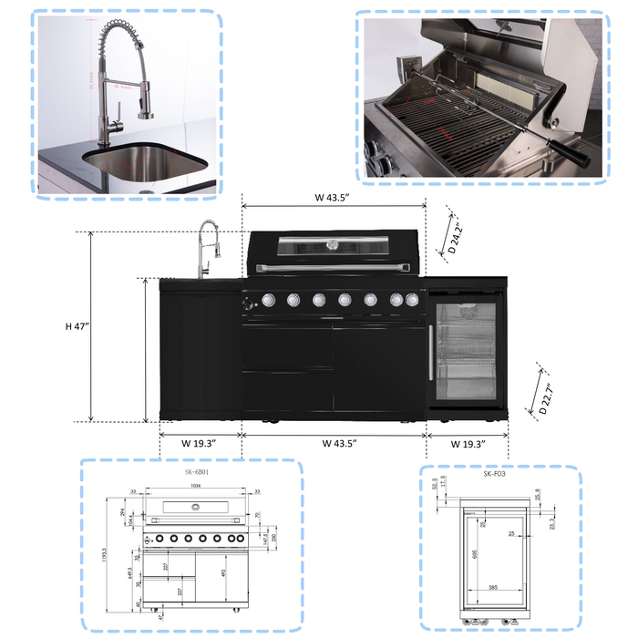 82" 6-Burner 85,000 BTU Stainless Outdoor Kitchen Island Grill with Wine Cooler & Sink
