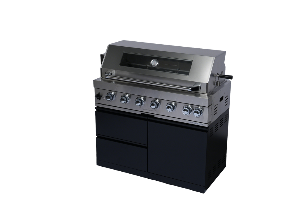 Stainless 82" 6-Burner 85000 BTU Black Outdoor Kitchen Island Grill + Refrigerator + Sink