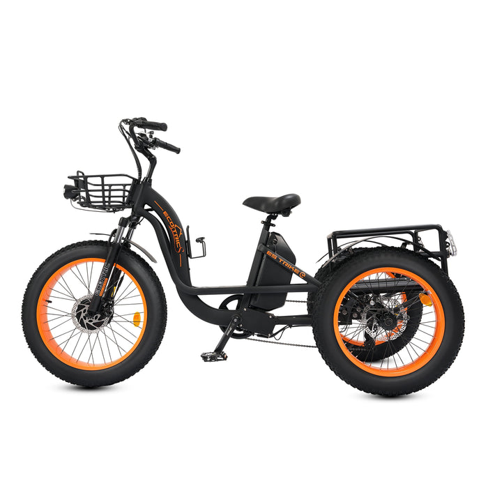 Ecotric 48V 24"x4.0 Front 20"x4.0 Rear Tires Tricycle electric bike with Front Basket  + Rear Rack-senior
