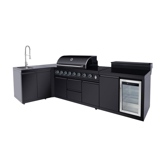 95.8", 95,500 BTU, 6+1 Burner Black Outdoor Kitchen Island Grill with Sink, Refrigerator & Bar Table