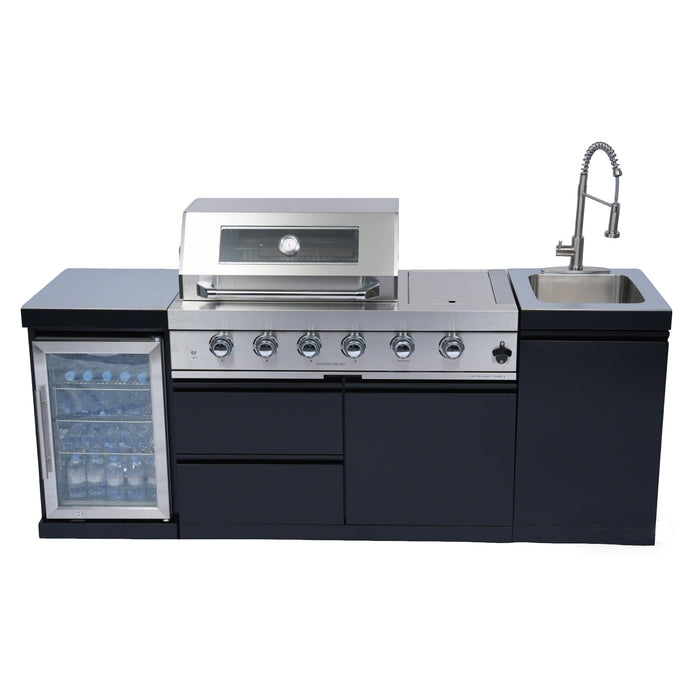 Stainless 85" 4-Burner 72000 BTU Black Outdoor Kitchen Island Grill +  Refrigerator + Rotisserie