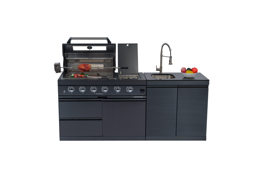 79" 4-Burner 72,000 BTU Black Outdoor Kitchen Island Grill + Side Burner + Rotisserie kit +Sink
