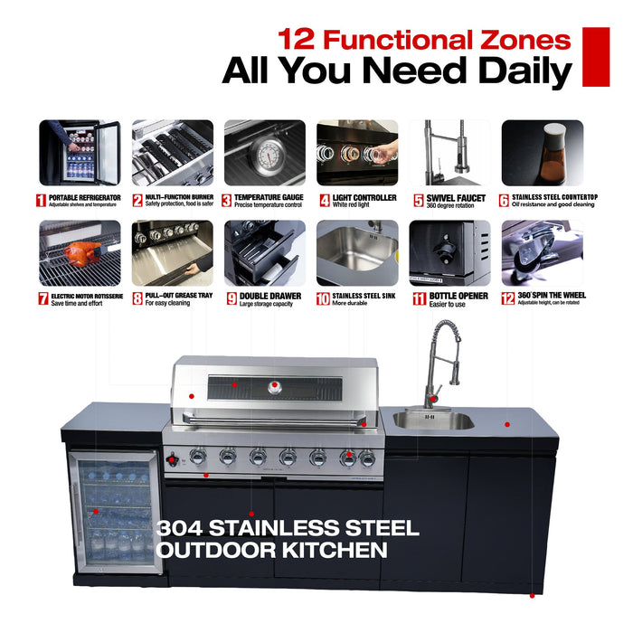 Stainless 96" 6-Burner 85000 BTU Black Outdoor Kitchen Island Grill + Refrigerator + Sink + Rotisserie