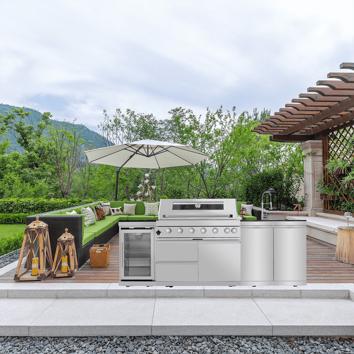 96" 6-Burner 85,000 BTU Deluxe Stainless Outdoor Kitchen Island Grill with Wine Cooler & Storage Cabinets