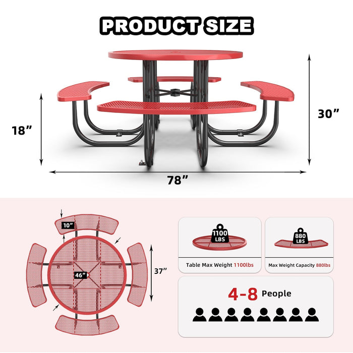 Chery Industrial 46" Metal Round Portable Picnic Table with Umbrella Hole