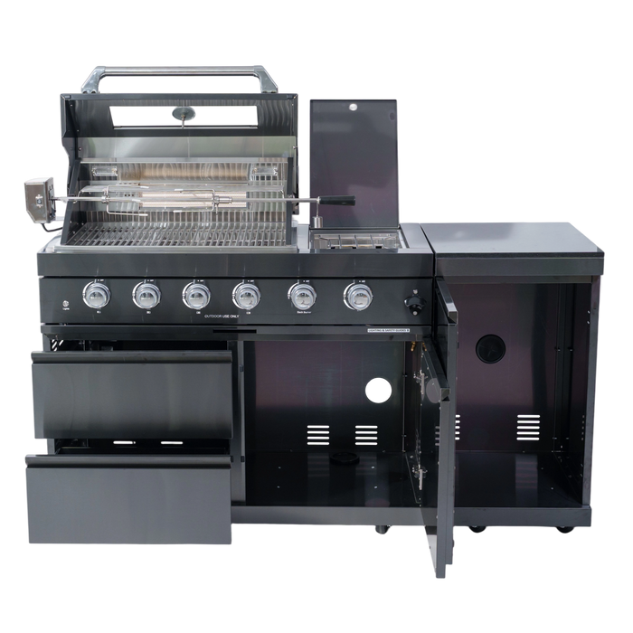 65" 4-Burner 72,000 BTU Black Outdoor Kitchen Island Grill + Side Burner + Rotisserie kit