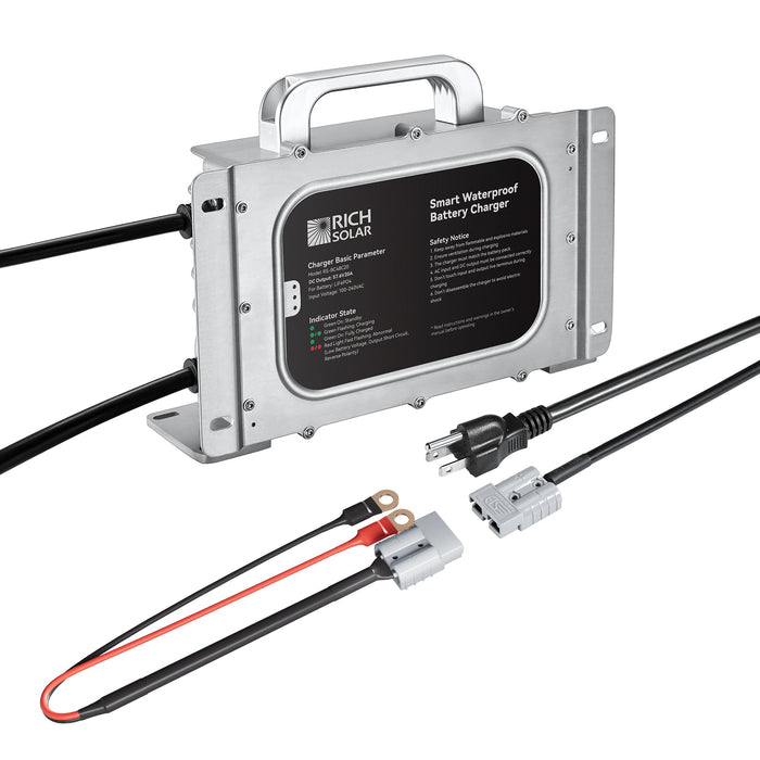 Rich Solar 48V (57.6V) Waterproof LiFePO4 Charger | 20A / 25A,  100-240V AC, 8-in-1 Protection, Fan-Cooled