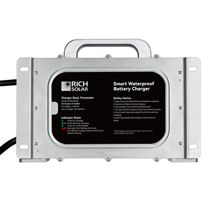 Rich Solar 48V (57.6V) Waterproof LiFePO4 Charger | 20A / 25A,  100-240V AC, 8-in-1 Protection, Fan-Cooled