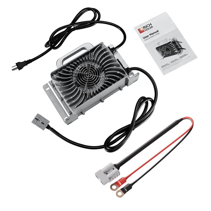 Rich Solar 48V (57.6V) Waterproof LiFePO4 Charger | 20A / 25A,  100-240V AC, 8-in-1 Protection, Fan-Cooled