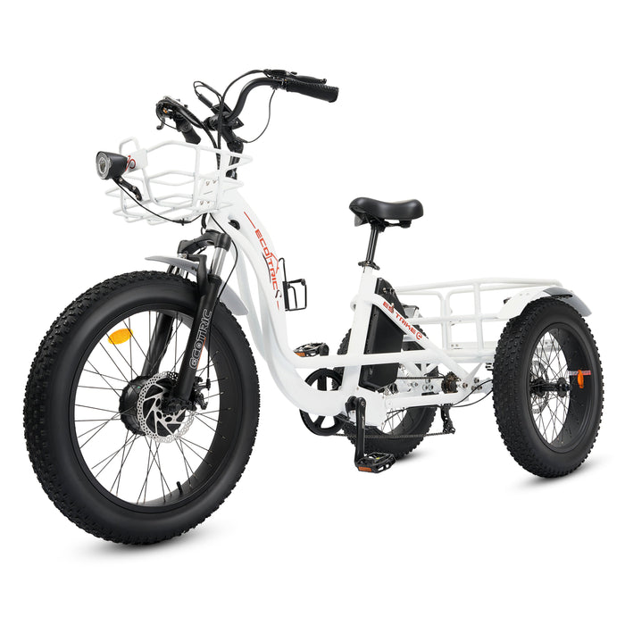Ecotric 48V 24"x4.0 Front 20"x4.0 Rear Tires Tricycle electric bike with Front Basket  + Rear Rack-senior