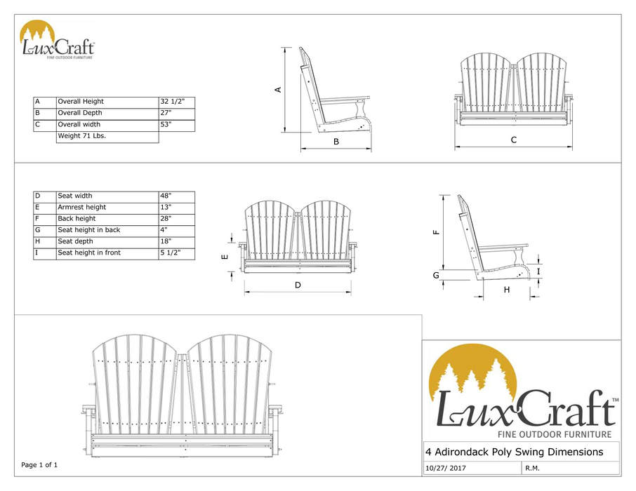 LuxCraft Adirondack 4ft. Recycled Plastic Porch Swing