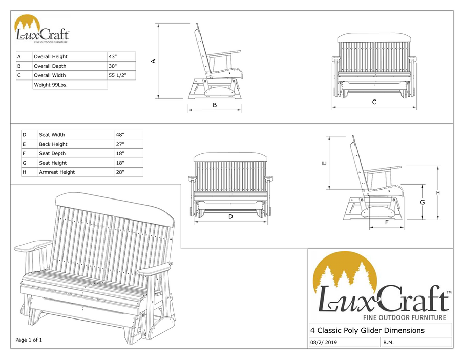 LuxCraft Classic Highback 4ft. Recycled Plastic Patio Glider