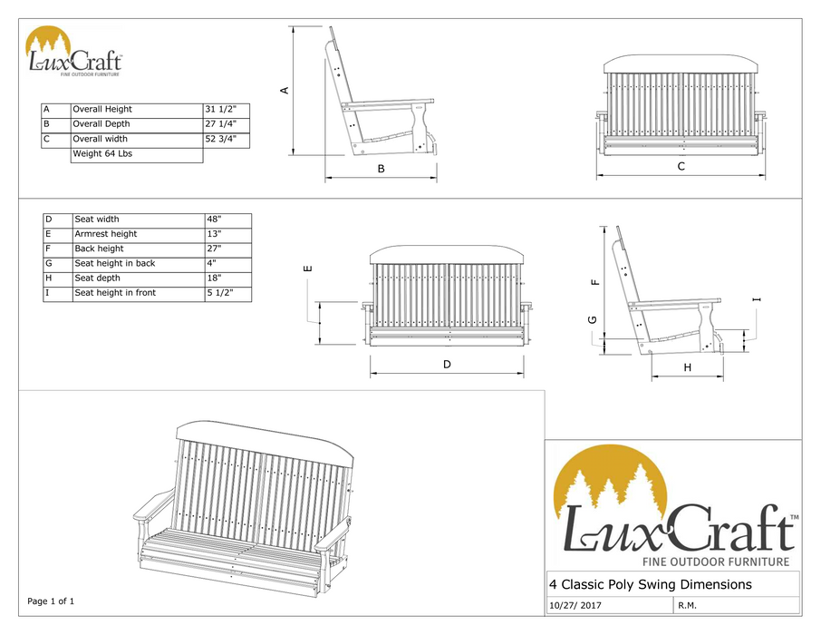 LuxCraft Classic Highback 4ft. Recycled Plastic Porch Swing