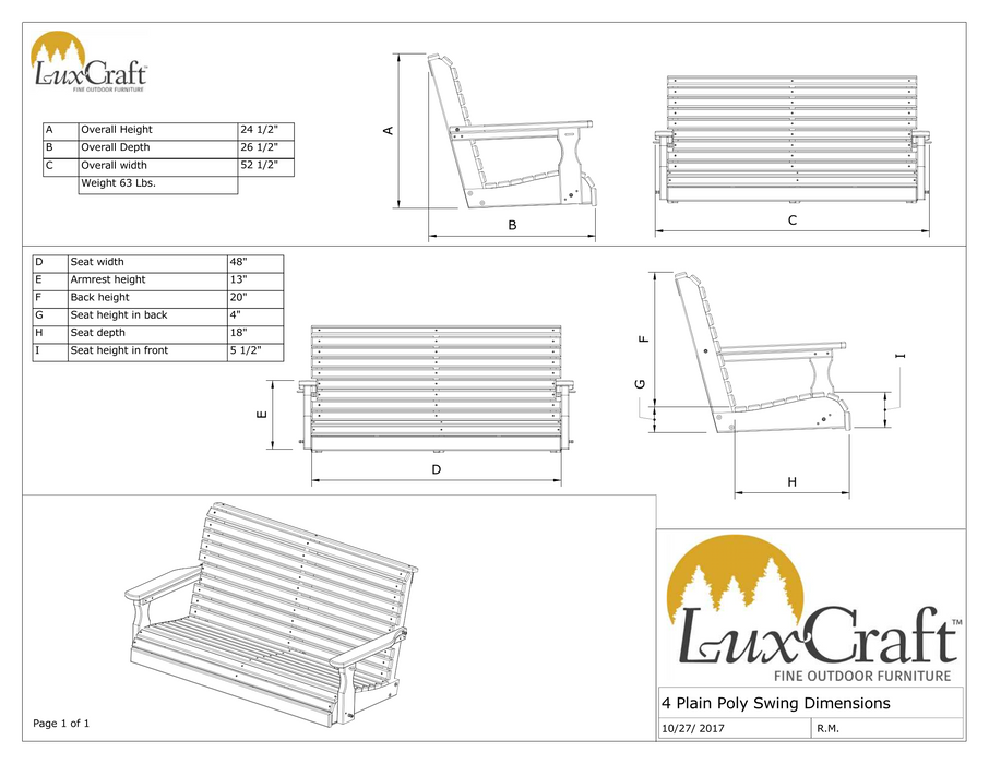 LuxCraft Rollback 4ft. Recycled Plastic Porch Swing