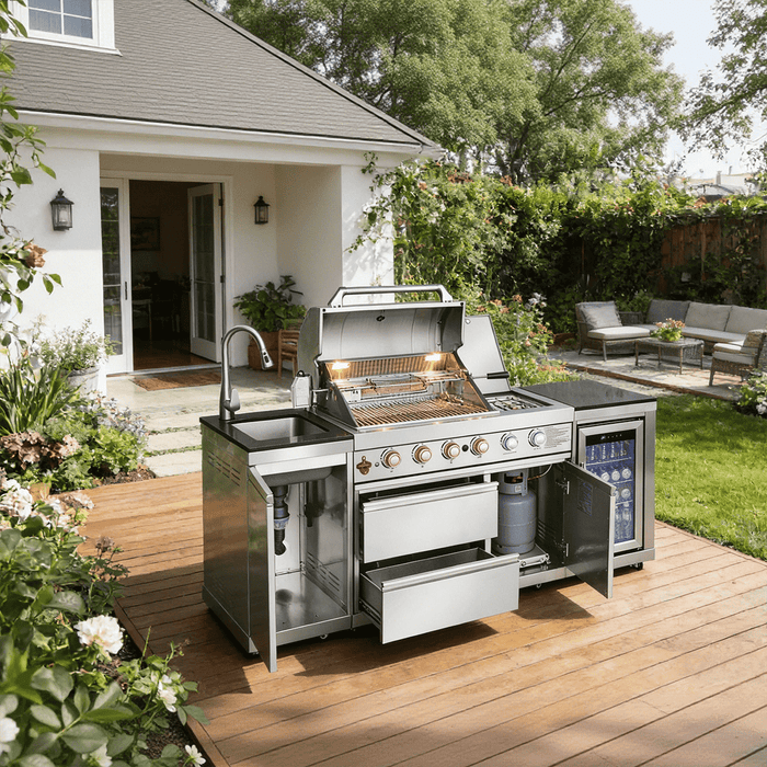 85.2" 4+1 Burner 71500 BTU Silver Outdoor Kitchen Island Grill + Sink + Refrigerator
