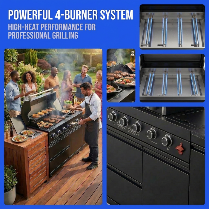 65" 4-Burner 72,000 BTU Black Outdoor Kitchen Island Grill +Side Burner + Marble Countertops