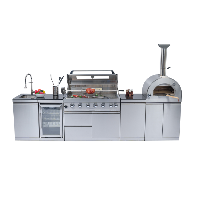 128" 120,000 BTU 6-Burner Outdoor Kitchen Island Grill with Pizza Oven