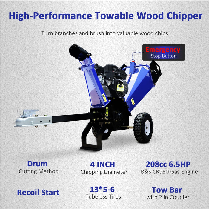 4" 6.5 HP 208cc Gas Powered Wood Chipper