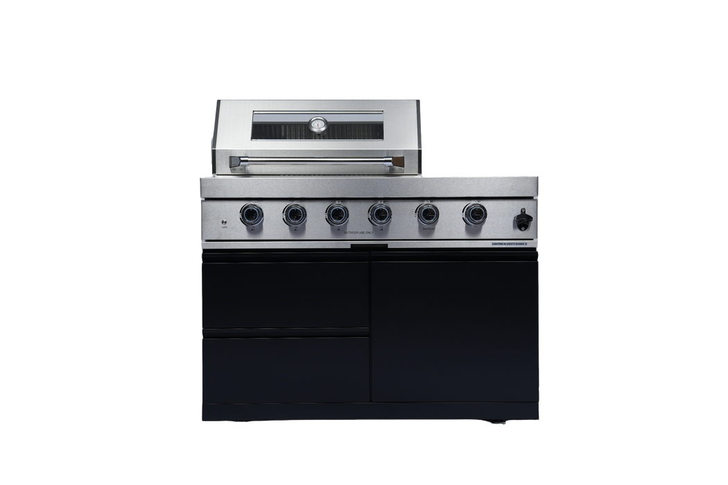 Stainless 98" 4-Burner 72,000 BTU Black Outdoor Kitchen Island Grill + Refrigerator + Rotisserie + Storage Cabinets & Drawers