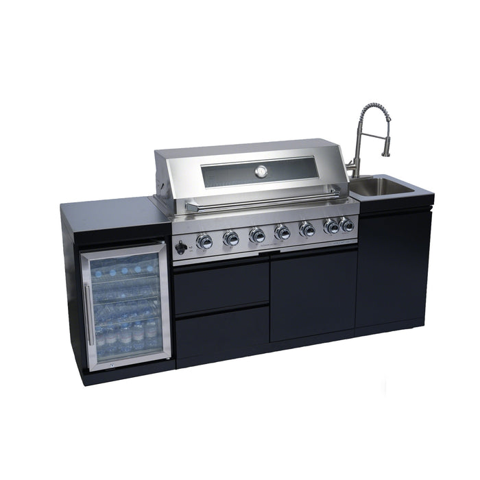 Stainless 82" 6-Burner 85000 BTU Black Outdoor Kitchen Island Grill + Refrigerator + Sink