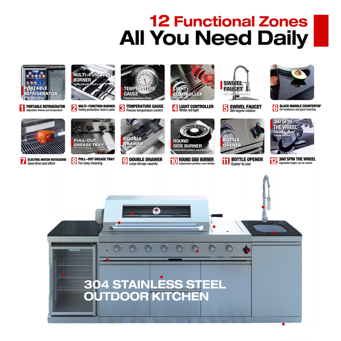 96" 6-Burner 96,000 BTU Silver Outdoor Kitchen Island Grill with Wine Cooler & Sink