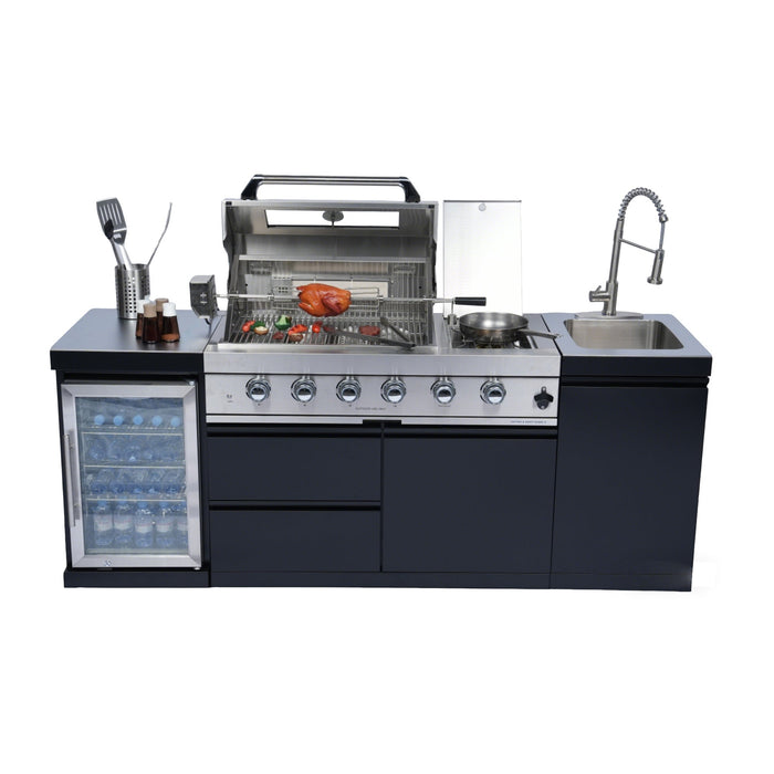 Stainless 85" 4-Burner 72000 BTU Black Outdoor Kitchen Island Grill +  Refrigerator + Rotisserie