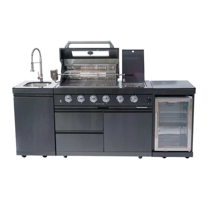 NG 85" 4-Burner 72,000 BTU Black Outdoor Kitchen Island Grill + Refrigerator + Sink