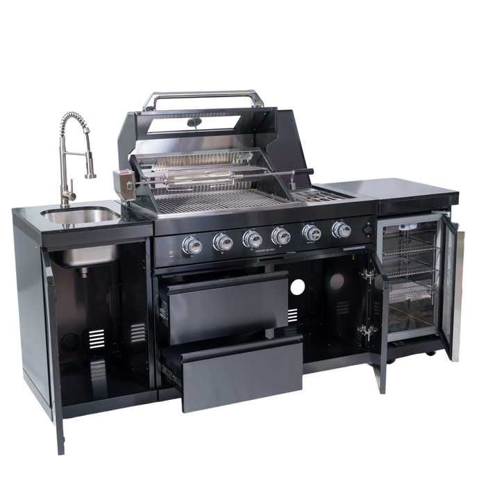 85" 4-Burner 72,000 BTU Stainless Outdoor Kitchen Island Grill with Wine Cooler & Sink Black