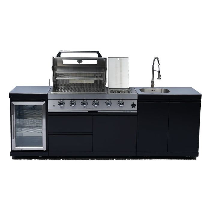 Stainless 98" 4-Burner 72,000 BTU Black Outdoor Kitchen Island Grill + Refrigerator + Rotisserie + Storage Cabinets & Drawers