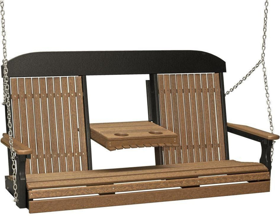 LuxCraft Classic Highback 5ft. Recycled Plastic Porch Swing with Flip Down Center Console