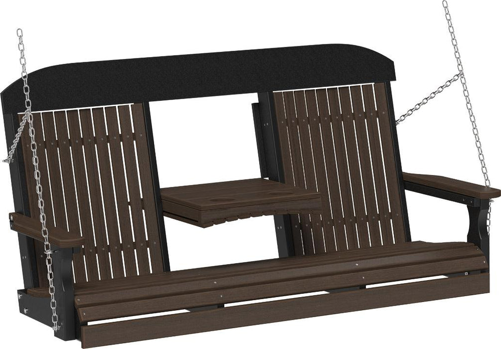 LuxCraft Classic Highback 5ft. Recycled Plastic Porch Swing with Flip Down Center Console