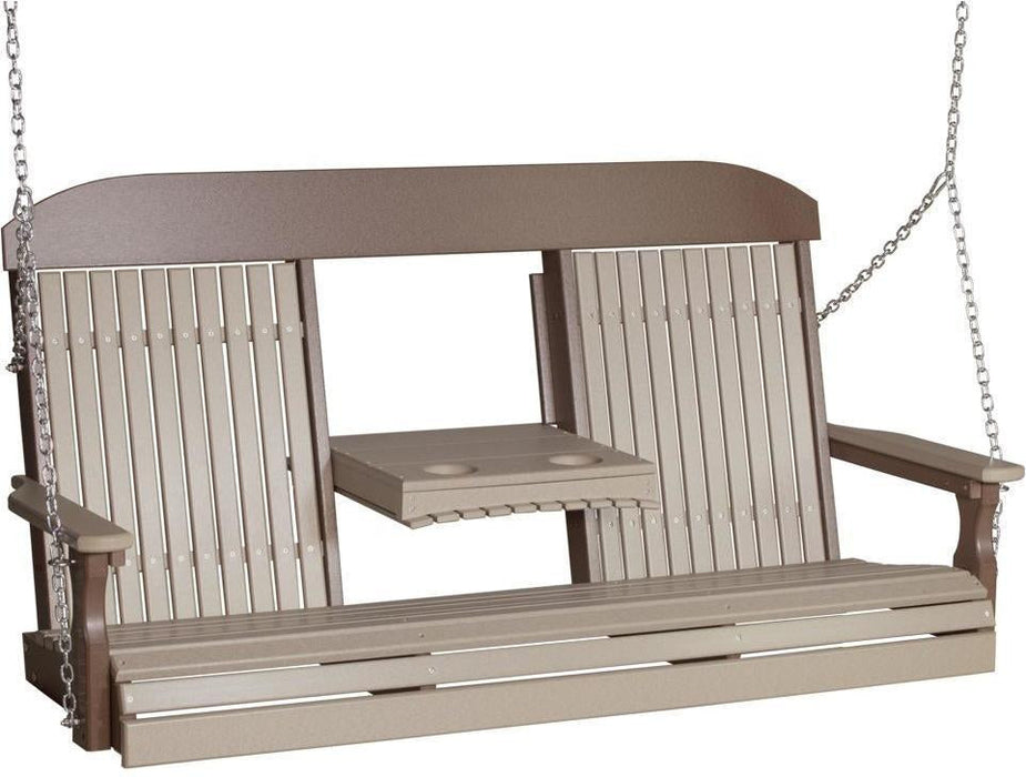 LuxCraft Classic Highback 5ft. Recycled Plastic Porch Swing with Flip Down Center Console
