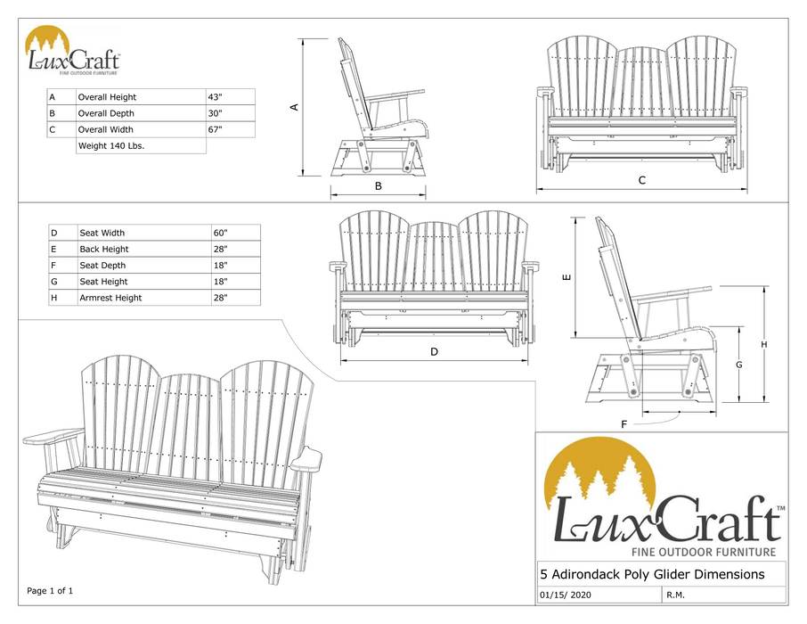 LuxCraft Recycled Plastic 5' Adirondack Glider Chair With Flip Down Center Console