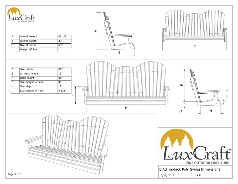 LuxCraft Adirondack 5ft. Recycled Plastic Porch Swing with Flip Down Center Console
