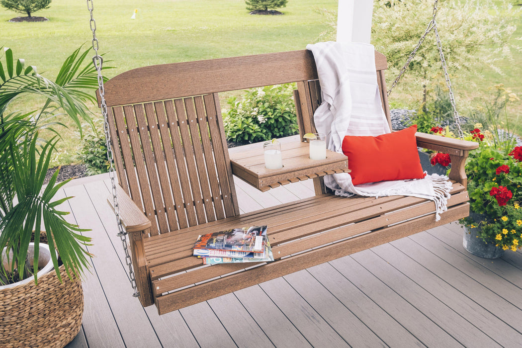 LuxCraft Classic Highback 5ft. Recycled Plastic Porch Swing with Flip Down Center Console