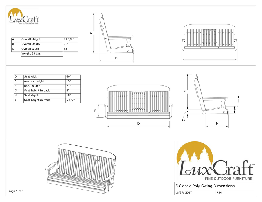 LuxCraft Classic Highback 5ft. Recycled Plastic Porch Swing with Flip Down Center Console