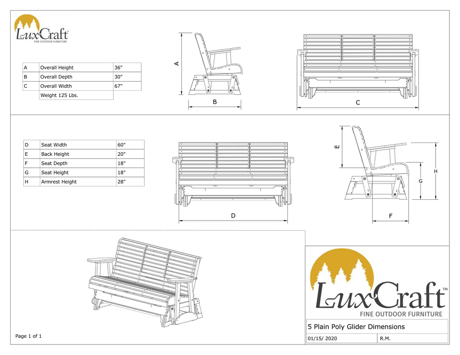 LuxCraft 5' Rollback Recycled Plastic Patio Glider with Flip Down Center Console