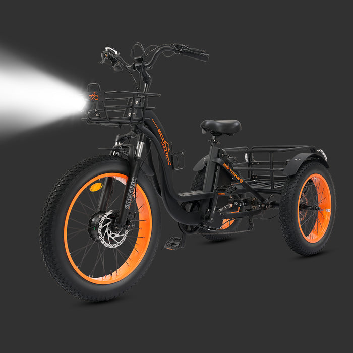 Ecotric 48V 24"x4.0 Front 20"x4.0 Rear Tires Tricycle electric bike with Front Basket  + Rear Rack-senior